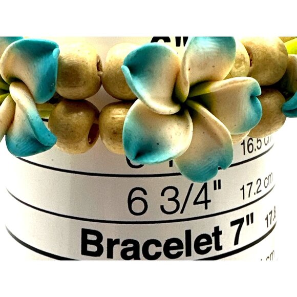 Hawaiian Blue Plumeria Flower Stretch Bracelet Handmade Fimo Wood Beads Aloha - Picture 5 of 7